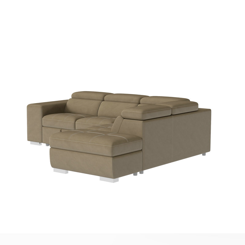 104" L Shape Sectional Sleeper Sofa 2 in 1 Convertible Sleeper Sofa With Pull Out Bed And 2 Stools, Light Brown Polyester