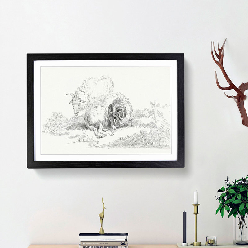 Sketch of Two Goats by Jean Bernard - Picture Frame Drawing Print, 27cm H x 36cm W x 2cm D, Black Framed