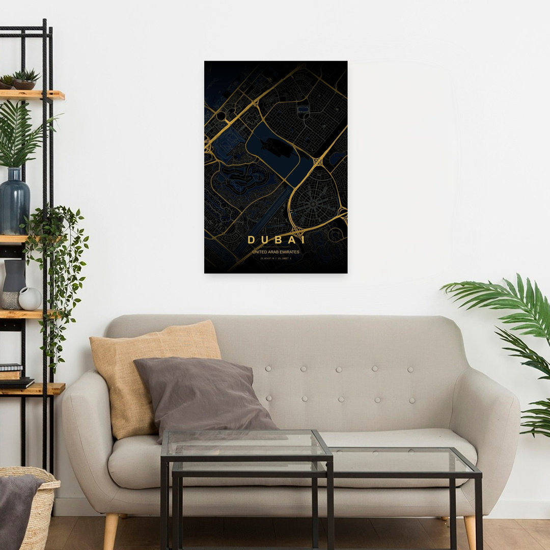 Golden Dubai City Map Abstract Elegant Modern Architecture City Wall Art Print