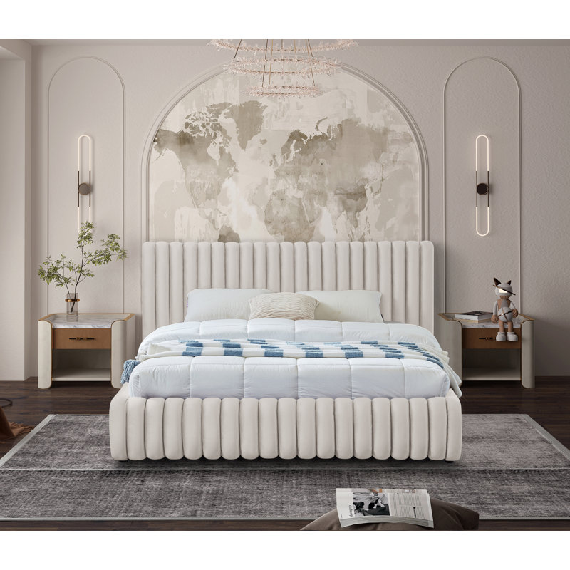 Nico Tufted Panel Bed, Queen, Cream Velvet