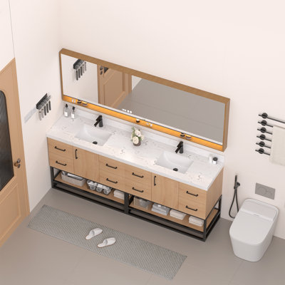 Meuble-lavabo moderne de 84 po avec plateau en pierre reconstituée blanche, armoire au fini chêne doré et base de rangement noir mat
