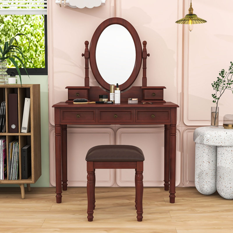 Bureau de maquillage pour coiffeuse avec miroir à angle réglable, 5 tiroirs et tabouret, Blanc