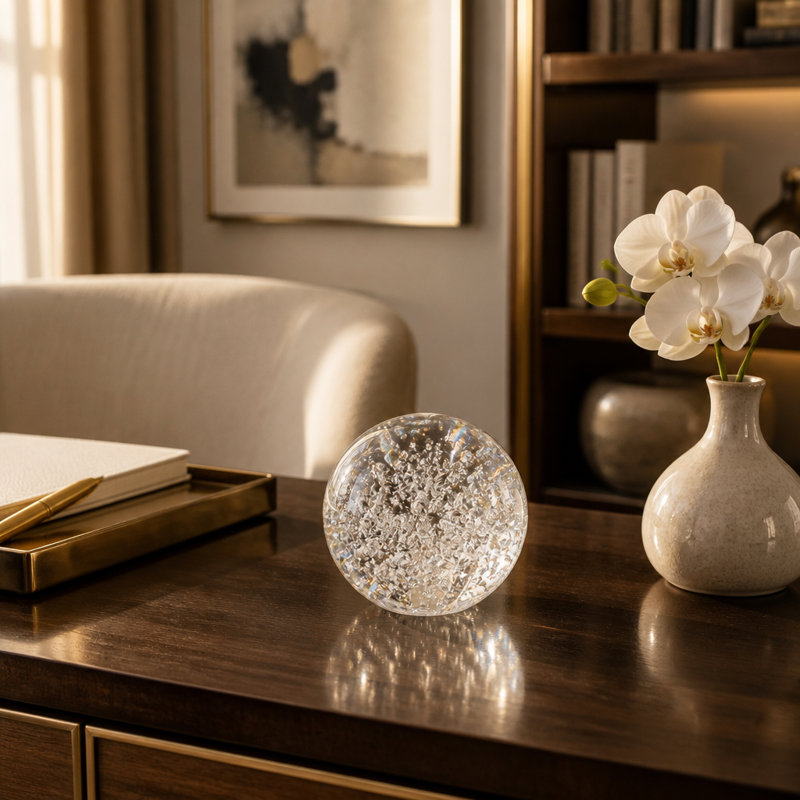 Modern Glass Crystal Orbs Sculpture for Living Room Decorations - Decorative Figurine Object for Office or Home Decor - Clear & Frost
