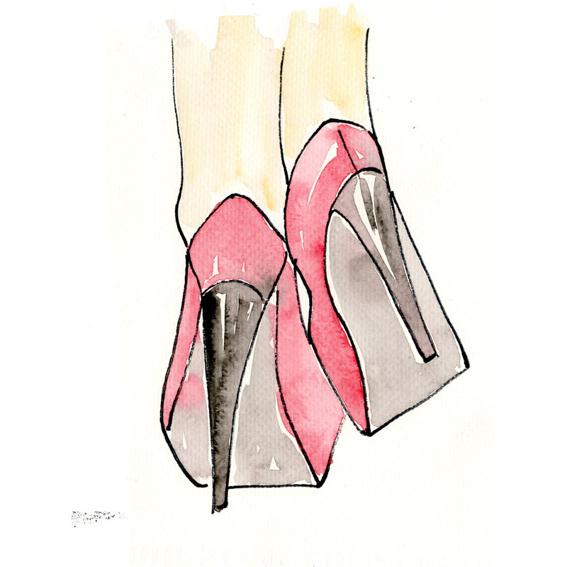 Pink Heels - Painting Print, 46cm H x 30cm W, Black Floater Framed