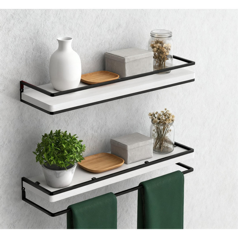 Floating Shelves Set Of 2, Rustic Wood Wall Mounted Storage Shelves For Bathroom, Kitchen, Living Room, Bedroom, Industrial Torched Wood Design With Protective Bar