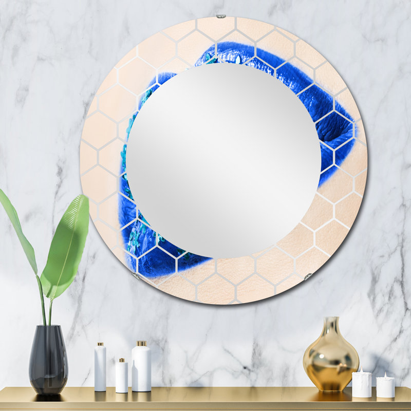 Magnifique miroir mural moderne bleu avec des fleurs, 32 po x 32 po