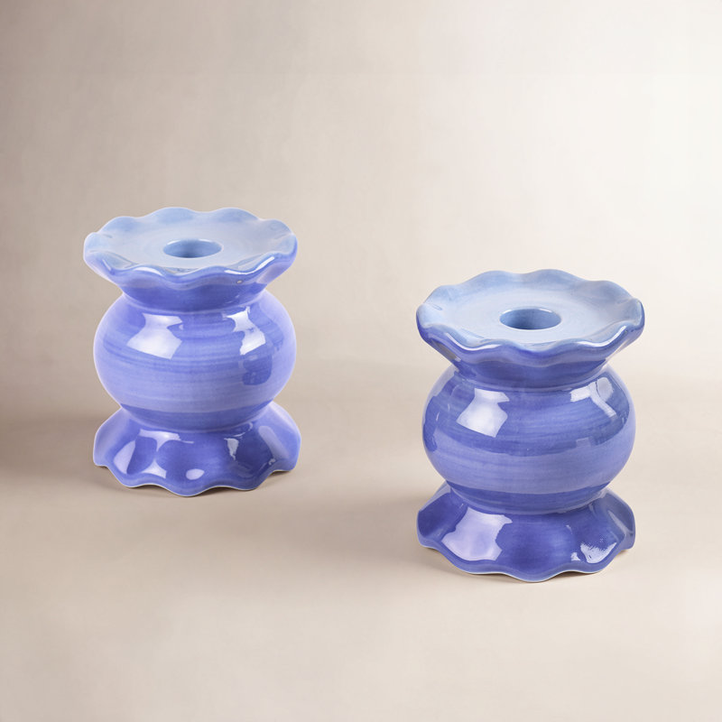 Iris Blue Small Knob Candle Holder With Ruffle Set Of 2, 4.13" H x 4" W x 4" D