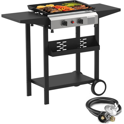 SKOK 2 Burner Gas Griddle-Outdoor Propane Griddle-BTU Propane Fuelled, Portable Flat Top Gas Grill Camping Griddle Station with Side Shelves for Kitchen