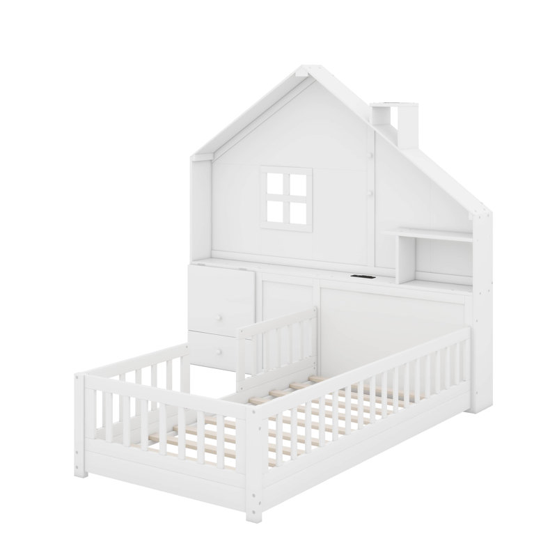Lit maison avec fenêtre et tiroirs de chevet, Lit simple