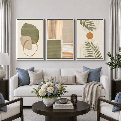 Mid Century Modern Boho "Organic Tropical Leaf Artwork, Neutral Abstract Warm Pictures, Framed Canvas 3 Pieces Giclee Print Wall Art