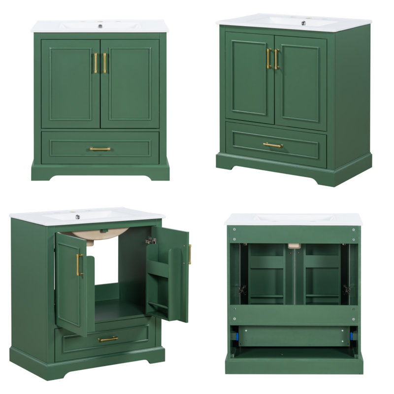 Meuble-lavabo autoportant de 30 po avec lavabo, un tiroir compartimenté et deux portes à fermeture en douceur, vert, 30"
