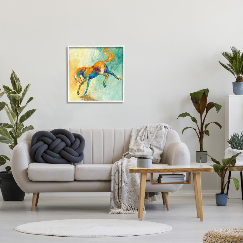 «Vibrant Wild Stallion Horse» par Dina D'Argo - Peinture, H 24 po x l 24 po x P 1,5 po, Giclée encadrée blanc bord de mer