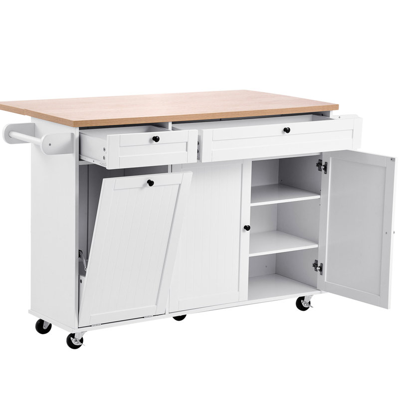 Îlot de cuisine avec rangement, chariot de cuisine mobile de 60 po de largeur avec roulettes, abattant, 2 tiroirs, armoire à poubelle, porte-couteaux, support à épices et porte-serviettes, table de salle à manger, garde-manger