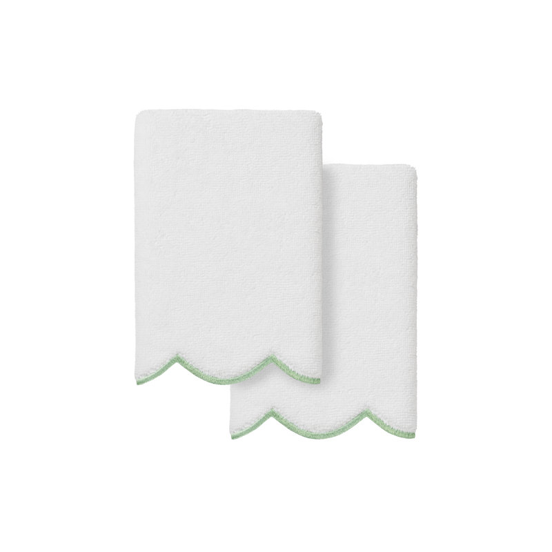  100% Turkish Cotton ADORNIA Scallop 2PC Fingertip Towel Set, White/Green, Fingertip Towel - 2 Pack