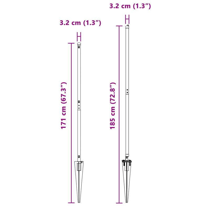 Vidaxl Fence Posts With Spike 7 Pcs Diameter32 Mm Galvanised Steel, 140cm H x 3.2cm W, Silver