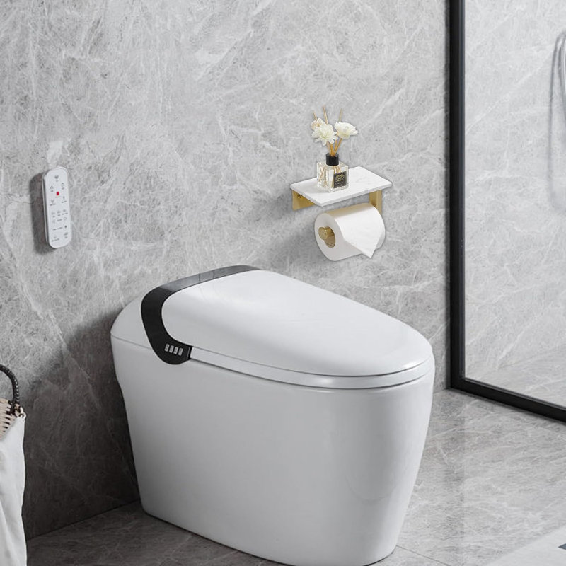 Porte-papier hygiénique doré brossé avec tablette en marbre - Acier inoxydable antirouille mural avec tablette pour téléphone 
