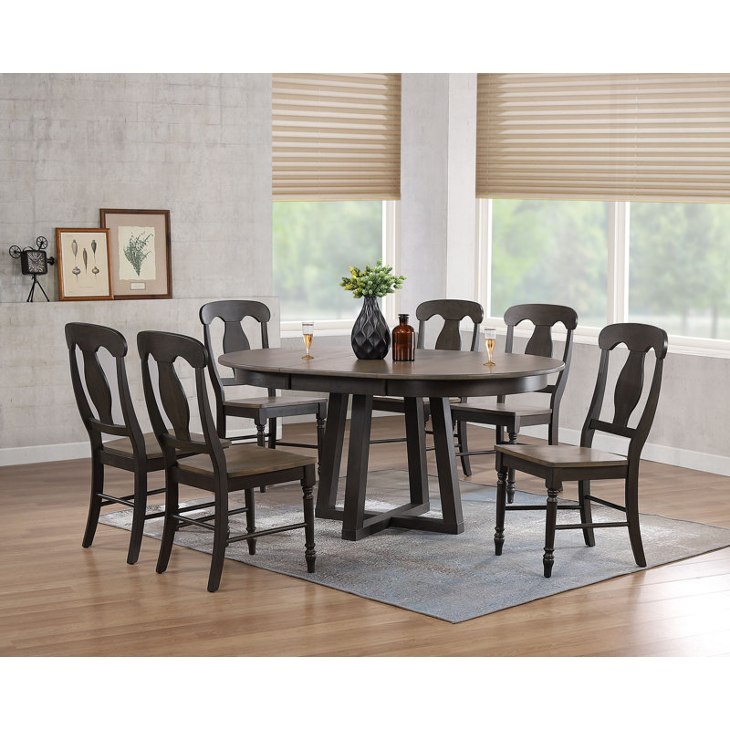 Ensemble de salle à manger à rallonge en bois massif Latrera, 7 pièces : 1 table, 6 chaises, Gris / noir, Gris / noir