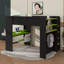Lit superposé double en bois avec bureau, garde-robe, grand espace de rangement et lumière RVB-104378961