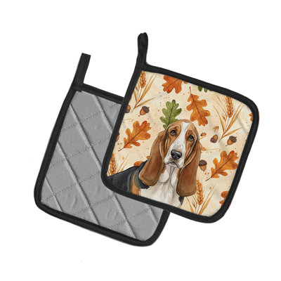Tricolor and White Basset Hound Heirloom Fall Pair of Pot Holders