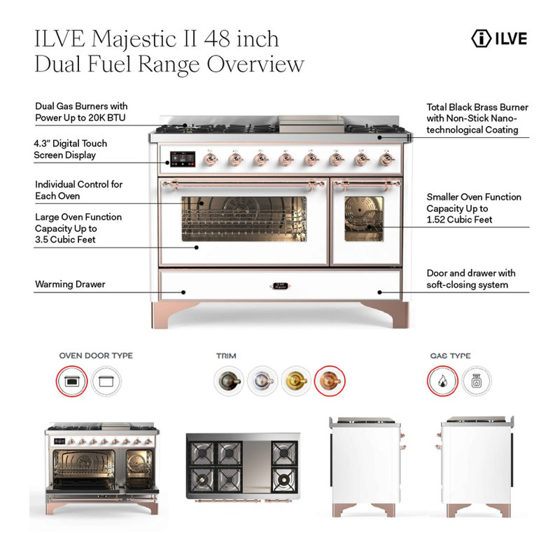 Majestic II 48" 5.02 cu. ft. Freestanding Dual Fuel Range with Griddle, White/Copper, Liquid Propane