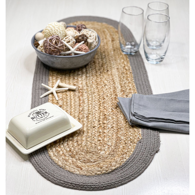 VERONA JUTE BORDER ROUND TABLE RUNNER, Natural/Ivory, 13" x 36"
