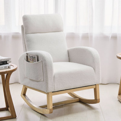 Welike 27.6"W Modern High-Back Rocking Accent Chair with Side Pockets - Grey Teddy Fabric, 300LBS Capacity