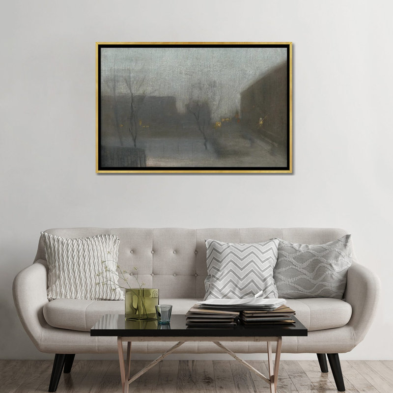 Nocturne Trafalgar Square Snow - reproduction d'art murale - toile encadrée, 32 po x 48 po, Toile avec cadre, Doré