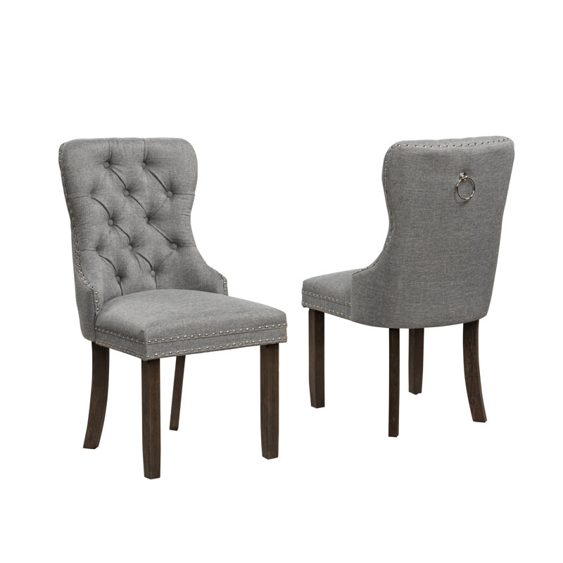Thame Button Tufted Upholstered Dining Chair, Walnut, Linen Blend Gray