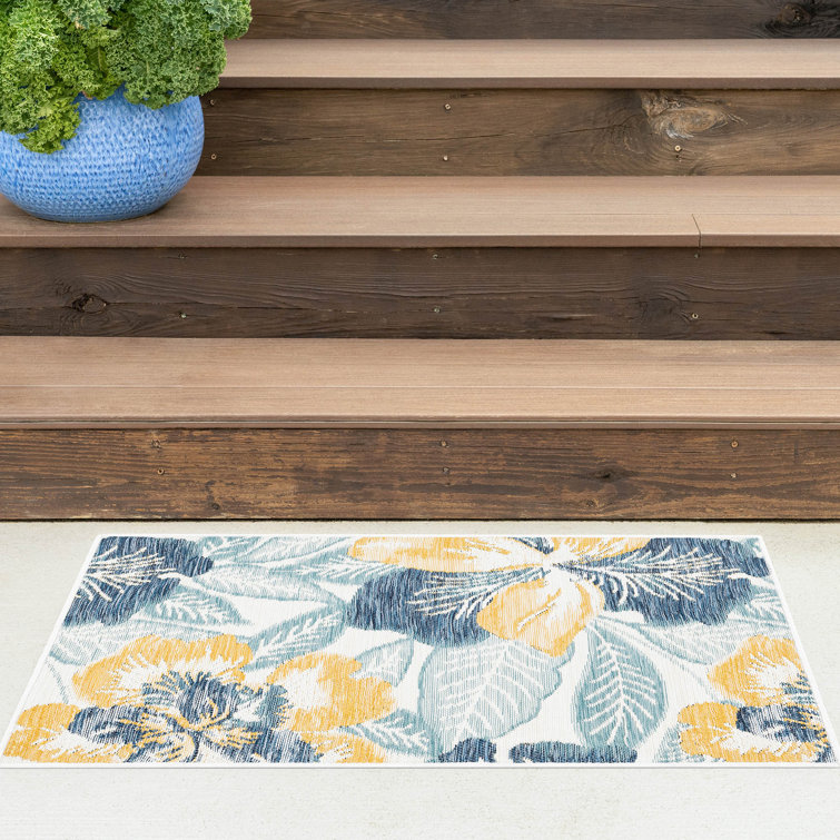 Willson Floral Reversible Flatweave Polypropylene Indoor / Outdoor Area Rug - Navy & Yellow