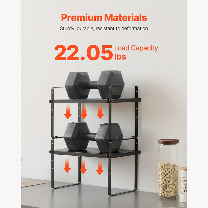Adjustable Kitchen Cabinet Shelf Organizer, Expandable 2 Tier Cabinet Shelf, Stackable Countertop Organizers and Storage Shelf Risers, Pantry Organizers for Kitchen Bathroom Office, Black