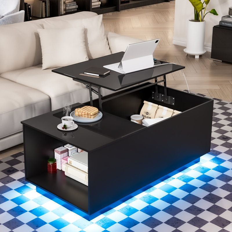 Table basse à plateau relevable avec station de charge et lumière DEL RVB, compartiment caché, Noir