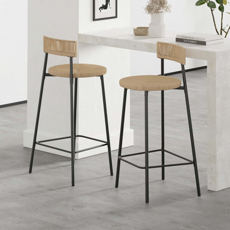 Ensemble de 2 tabourets de bar tissés avec dossier, Beige