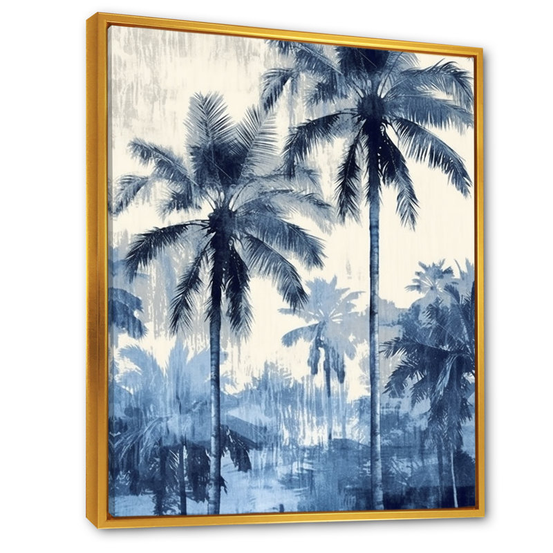 Palmiers bleus rétro, impression sur toile, palmiers, ombres II, 20" H x 12" W, Cadre flottant doré
