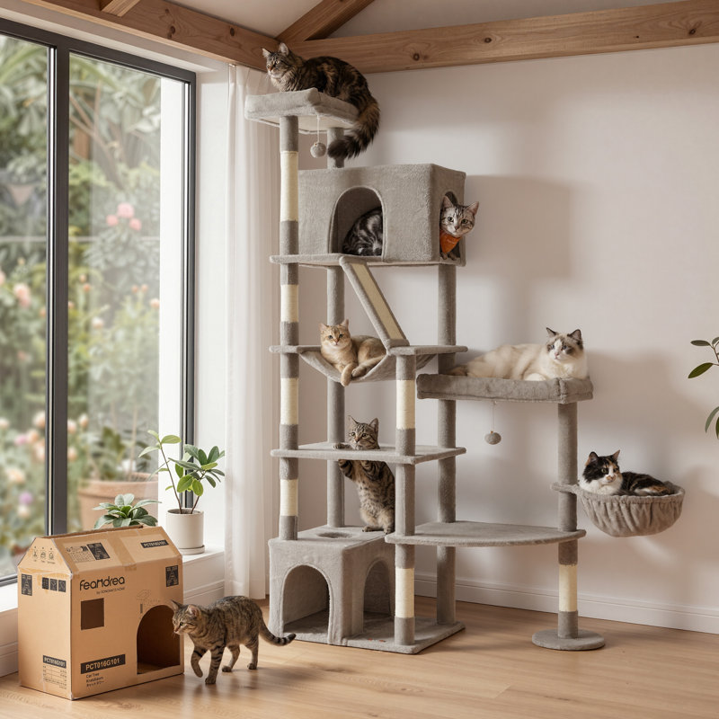 Tour pour chat 74 po en peluche avec condo, perchoirs, hamac, panier, H 74 po x l 41,3 po x P 17,7 po, Gris foncé