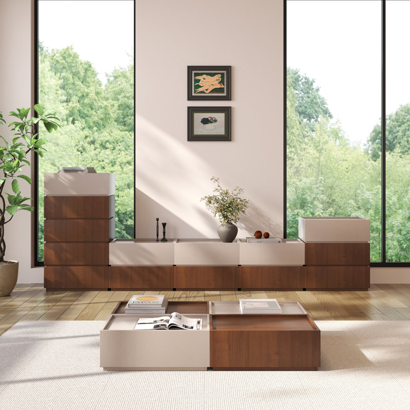 Heckman Modern Modular Coffee Table With 4 Storage Chest, Modular Assembly, Brown/Beige