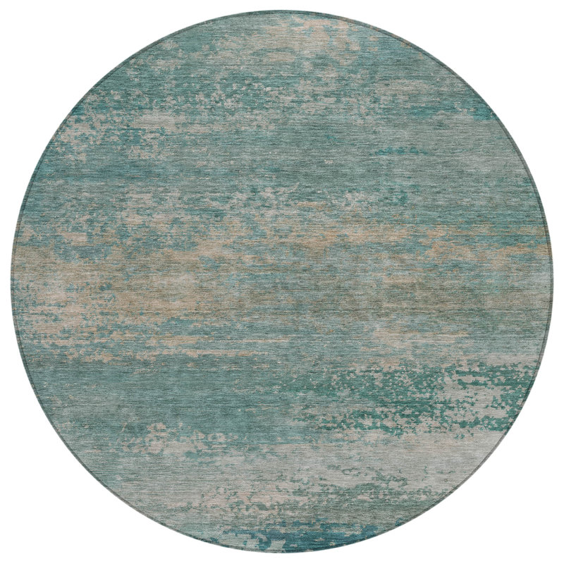 Machine Washable Indoor/Outdoor Xhevrie Aqua Rug, Round 8'