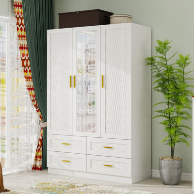 Armoire-penderie autoportante avec miroir, garde-robe blanche moderne pour rangement