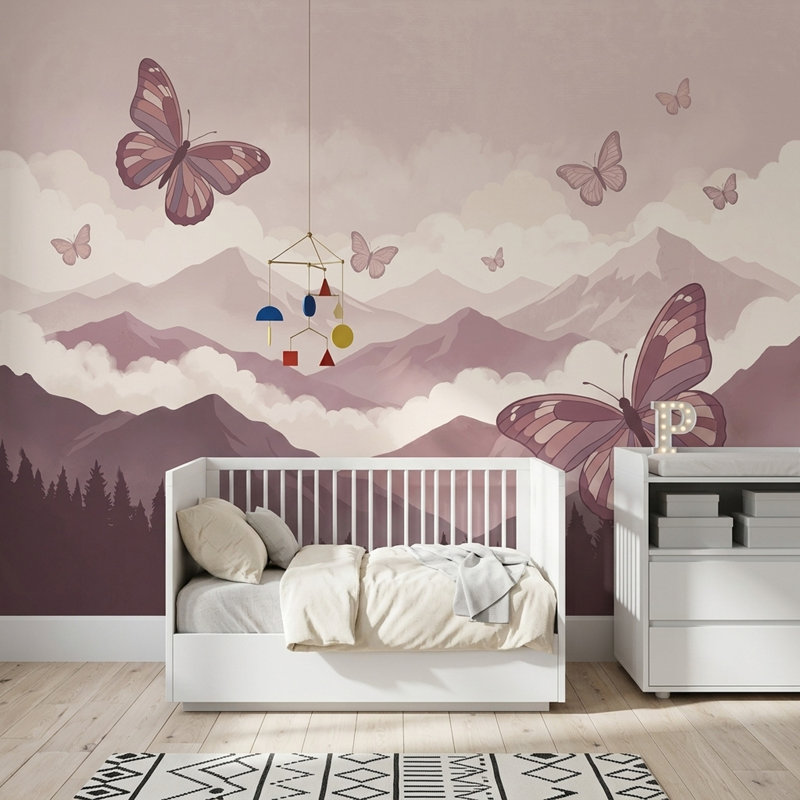 Papier peint Pastel Mountains Butterflies Misty Clouds, Texturé non collé, 140 po x 108 po