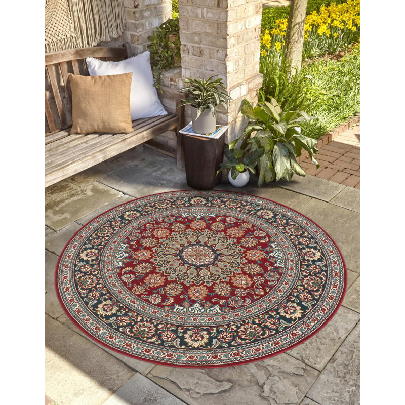 Tapis traditionnel de couleur rouge Tollefson, Rond 3 pi 3 po