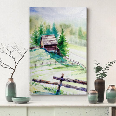 Paysage de forêt boisée «Spring Log Cabin Farm Pastel Forest» sur toile