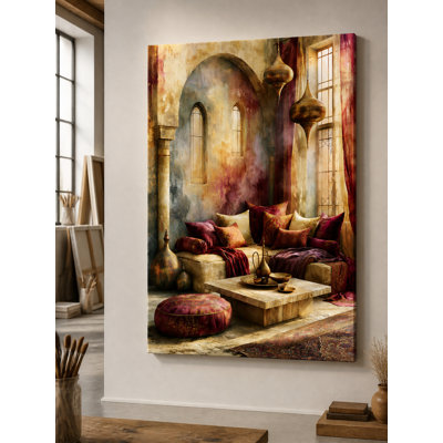 Cozy Living Room Corner, Realistic Large Canvas Wall Art, Warm Gold Hues, Ornate Decor Decor, For Lounging Area, Interior Lover Gift