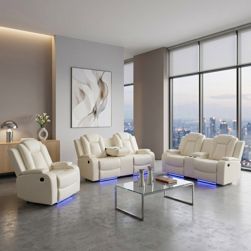 Ensemble de canapé de salon inclinable en cuir végétalien blanc 3 pièces avec porte-gobelets, charge sans fil et lumières DEL Ember