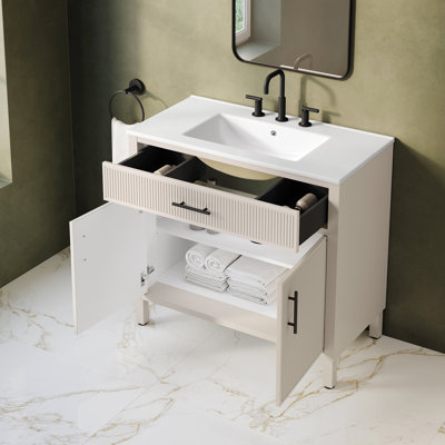 Meuble-lavabo autoportant 36 po Carissa, blanc crème, plateau en céramique blanche et quincaillerie noir mat Carissa