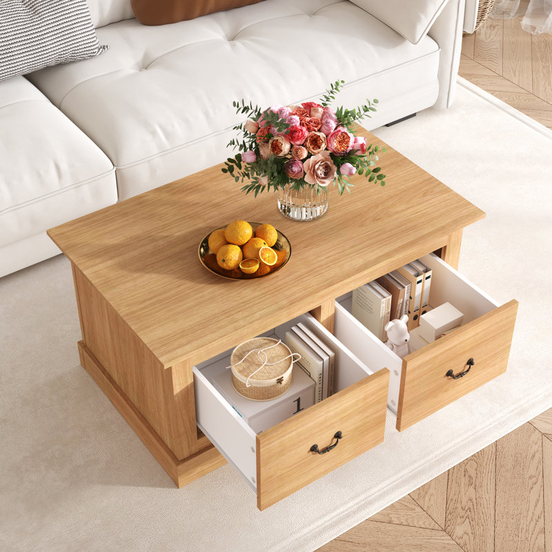 35" W Coffee Table With 2 Drawers, Oak/Oak