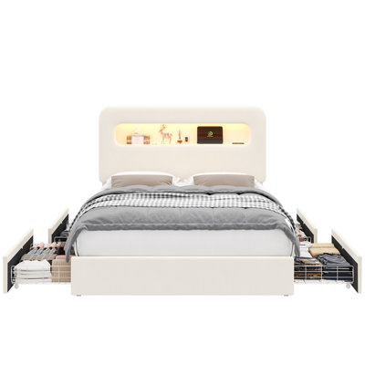 Upholstered Bed Frame, Storage Bed with LED and Charging Station