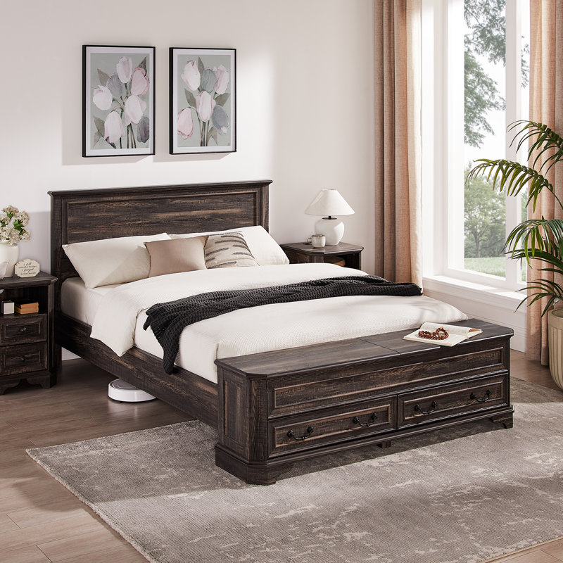 Farmhouse Queen Bed With 64" Tall Storage Headboard With 4 Drawers And Storage Bench，rustic Wood Platform Bed Frame, Queen