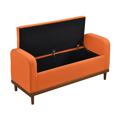 Mid-Century Modern Orange Upholstered Storage Bench For Bedroom, Solid Wood Frame, Lift Top Walnut Finish With Bedroom In