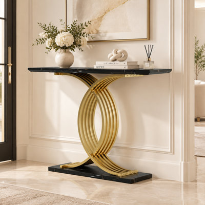 Console minimaliste Gold-X, plateau en MDF texturé pierre, meuble d'entrée moderne et peu encombrant