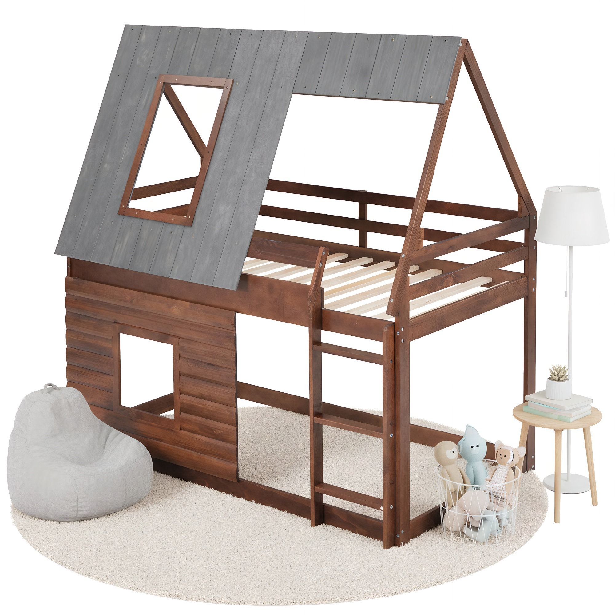 Ophelia & Co. Twin Over Twin Size House Shape Bunk Bed With Roof,Ladder ...