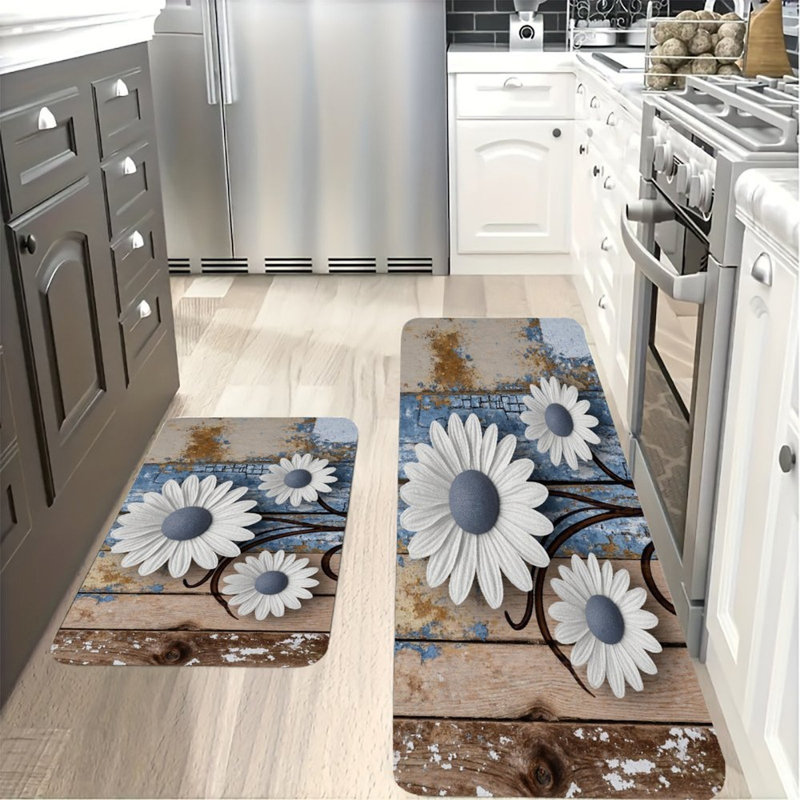 Tapis de cuisine bleu antidérapant 2 pièces Blue Daisy Decor